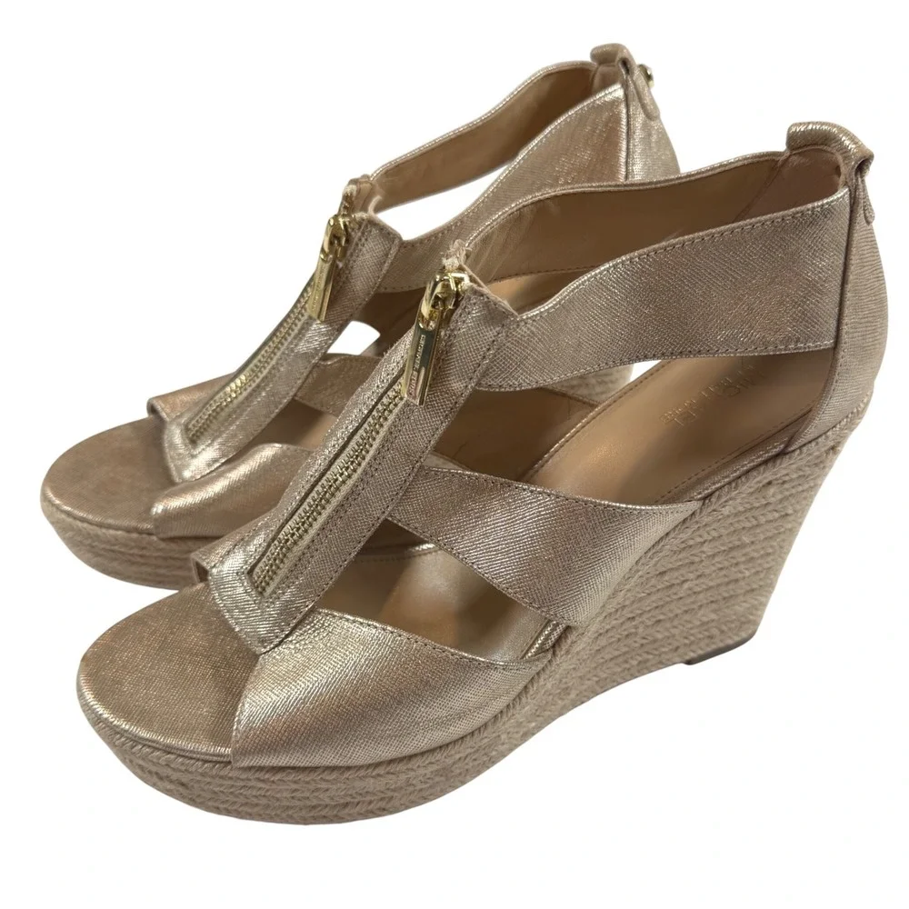 Michael Kors Gold Danita Metallic Leather Front Zip Espadrille Wedge Sandals 10M